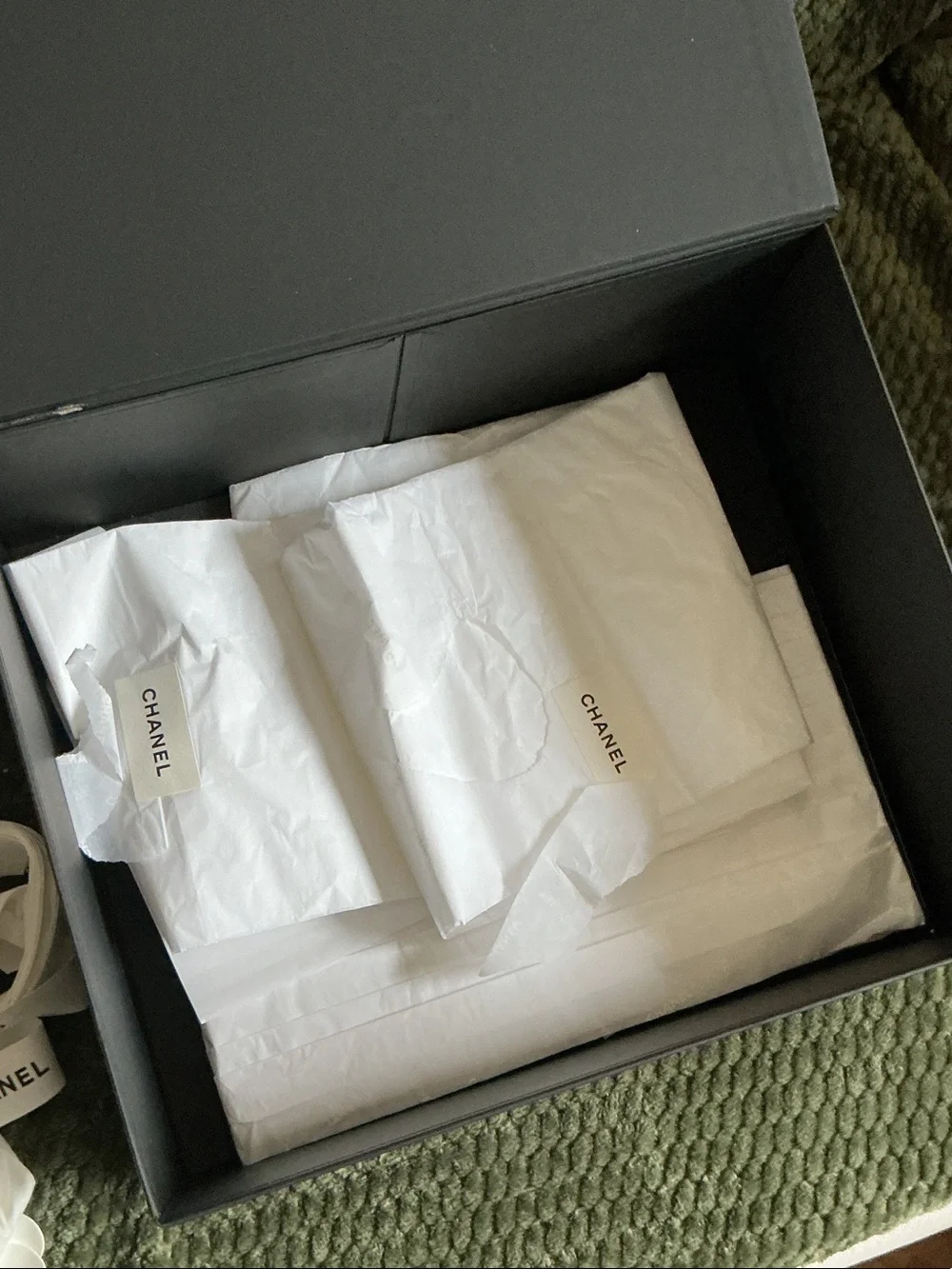 CHANEL black box with White Camellia Logo and Ribbon 13x10x5(for large  bag)